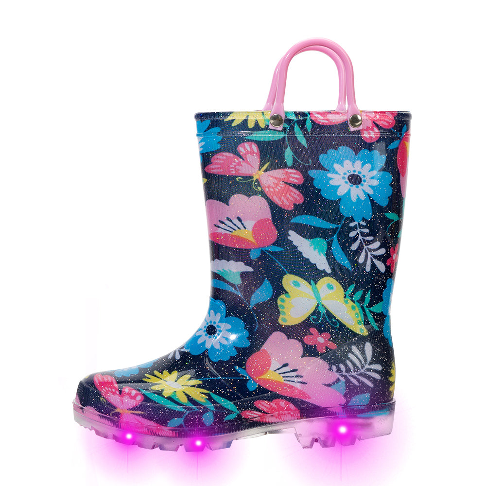 Floral-patterned rain boot with LED lights on a white background