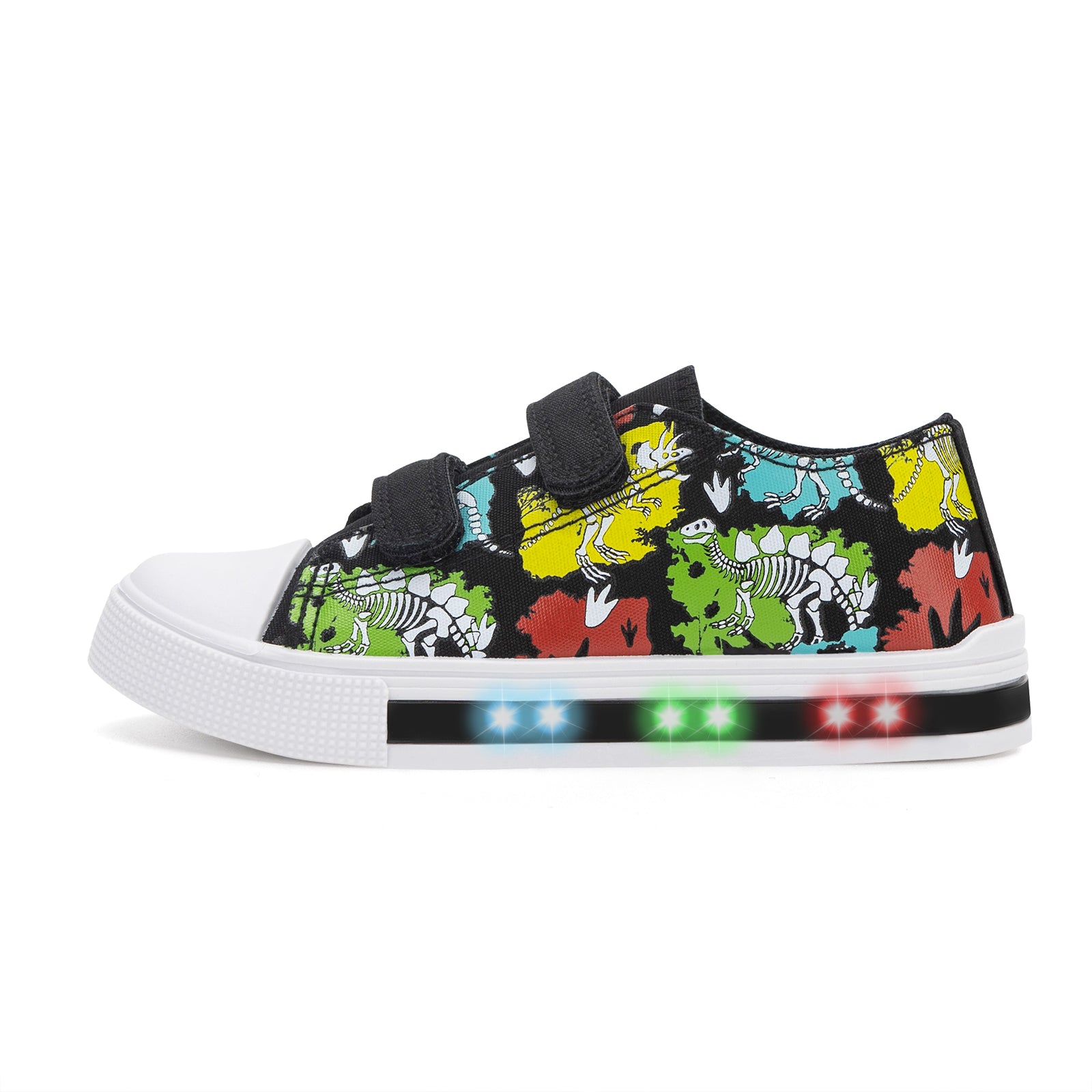 Light Up Dual Straps Kids Sneakers Black Undead Dinosaur Light Up Canvas Shoes