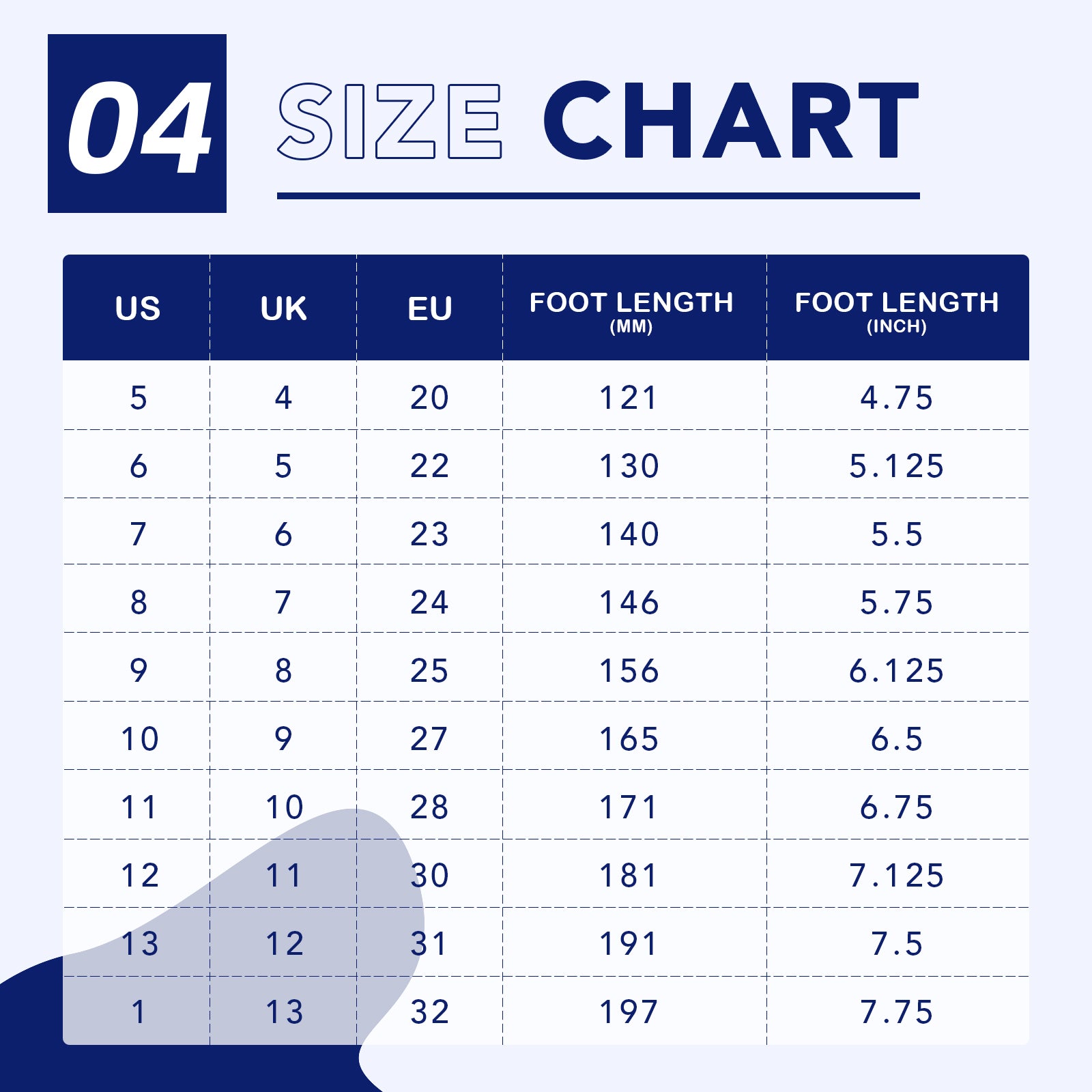 Size chart for shoes with US, UK, EU, foot length (mm), and foot length (inch) measurements.