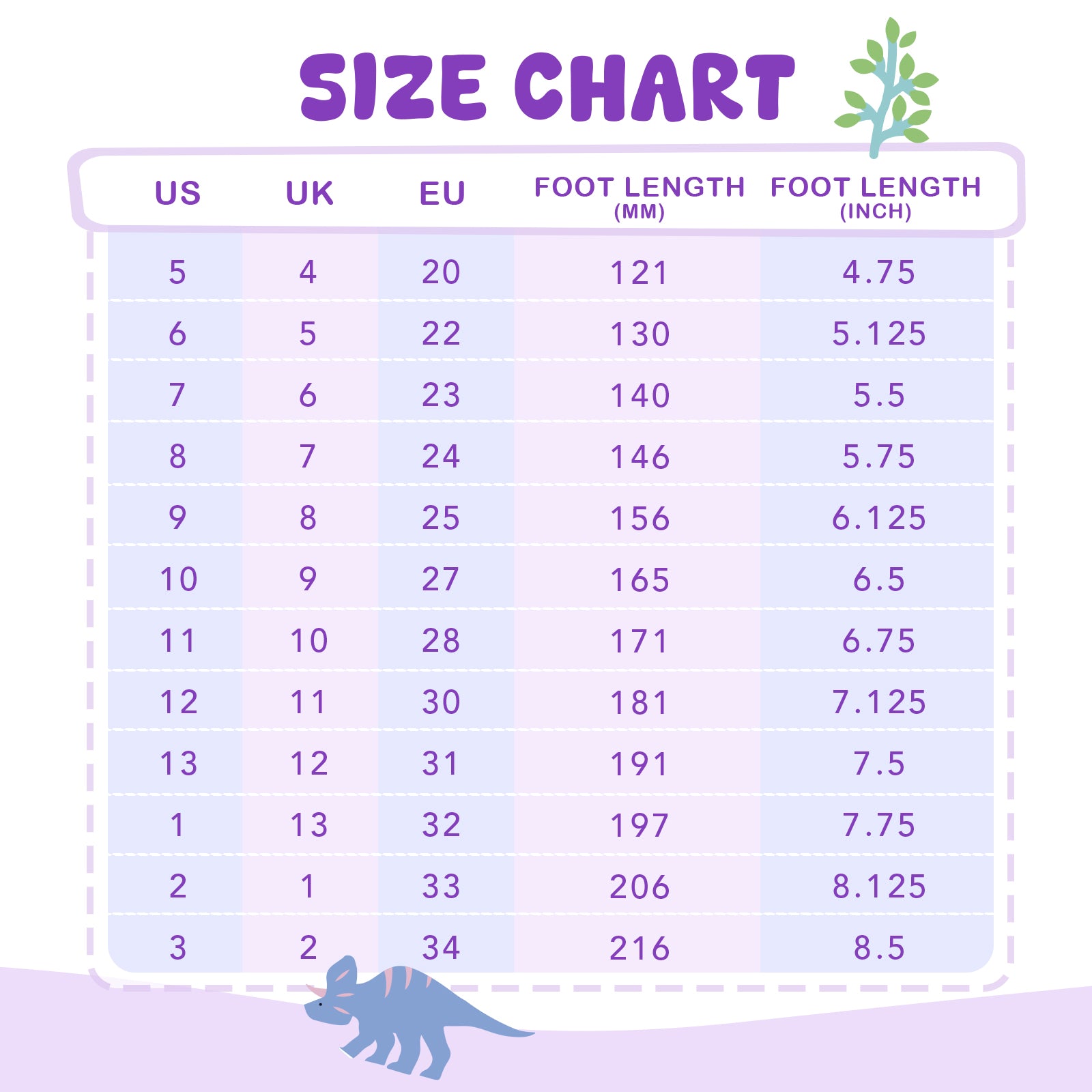 Size chart for shoes with measurements in US, UK, EU, millimeters, and inches on a light purple background.