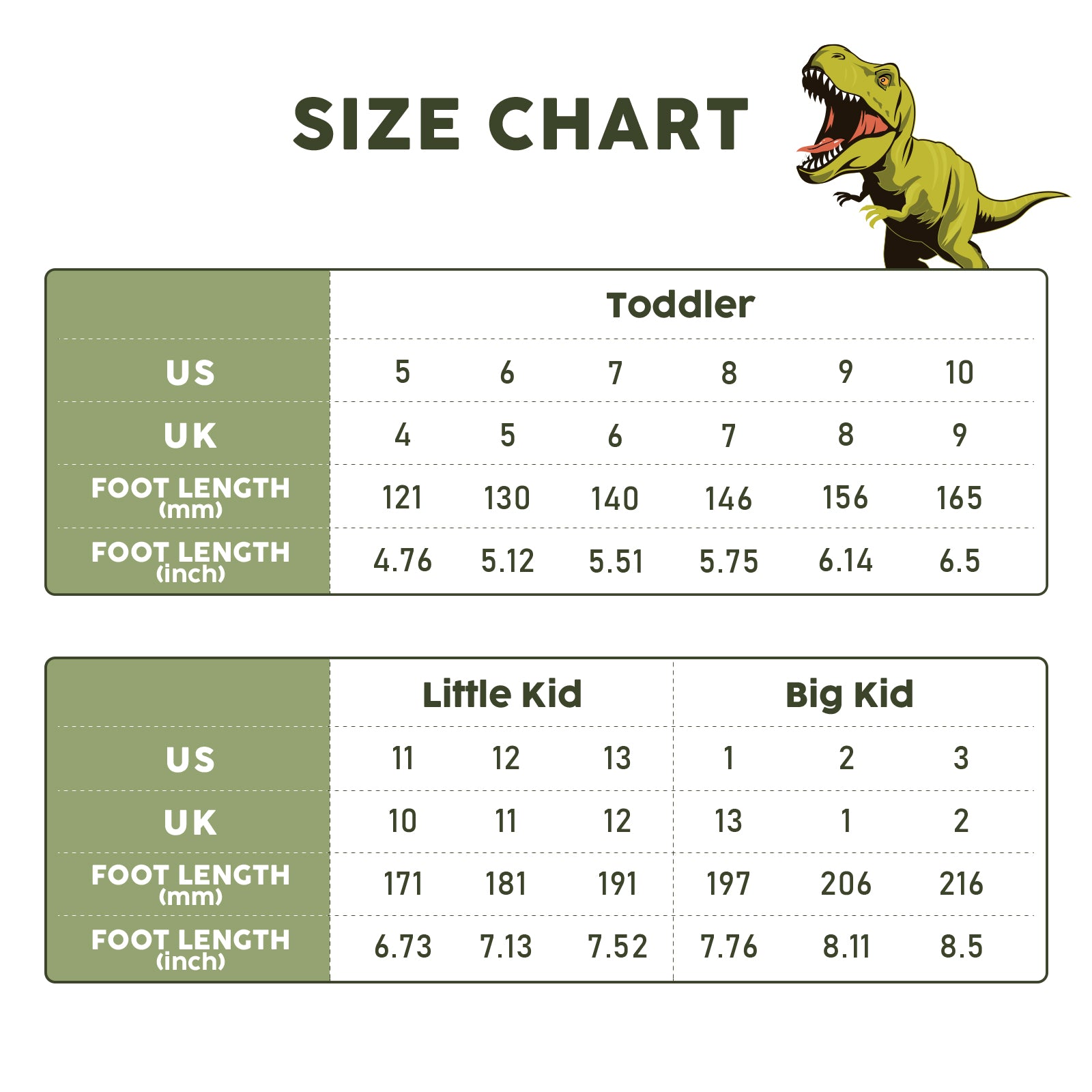 Size chart for children with foot length measurements and a dinosaur illustration.