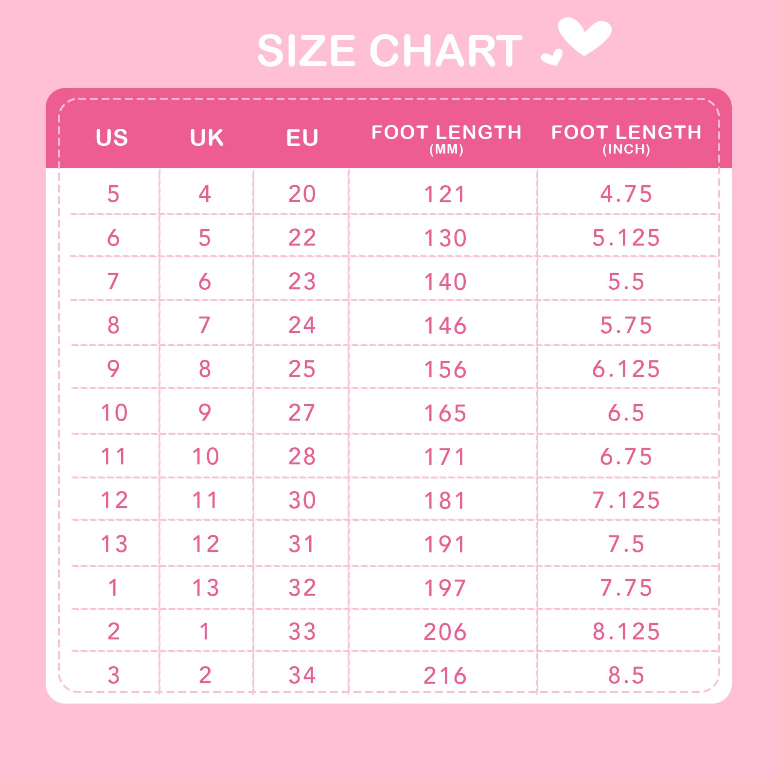 Size chart for shoes with US, UK, EU measurements on a pink background