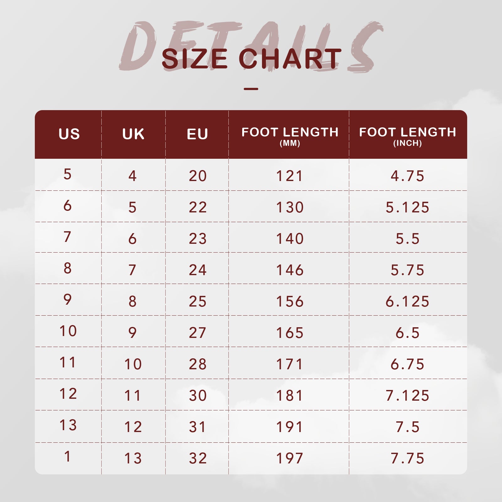 Size chart for shoes with US, UK, EU, foot length in millimeters, and foot length in inches.