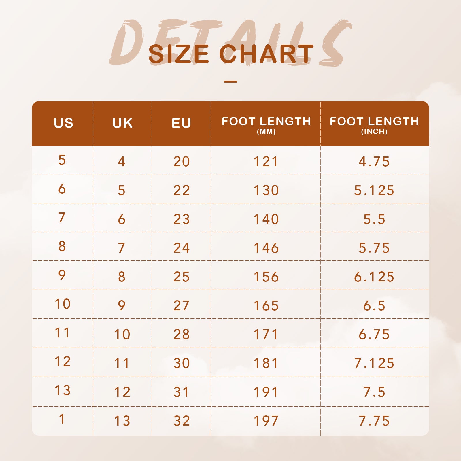 Size chart comparing US, UK, EU foot lengths in millimeters and inches on a beige background.