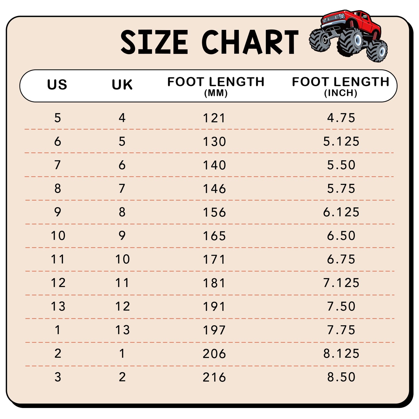 size chart for shoes with foot length measurements in millimeters and inches, featuring a cartoon monster truck icon.