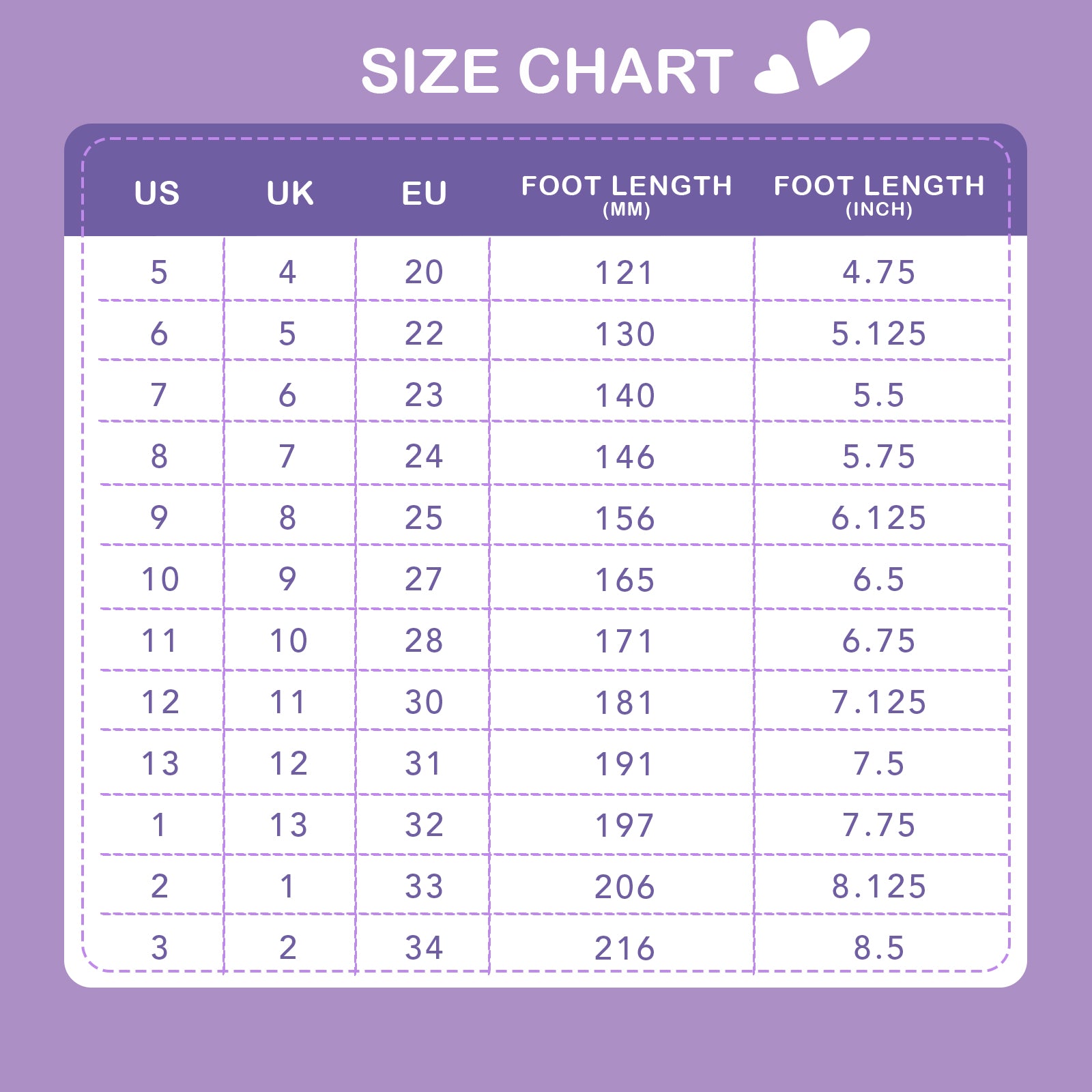 Size chart for shoes with US, UK, EU, foot length in millimeters, and foot length in inches on a purple background.