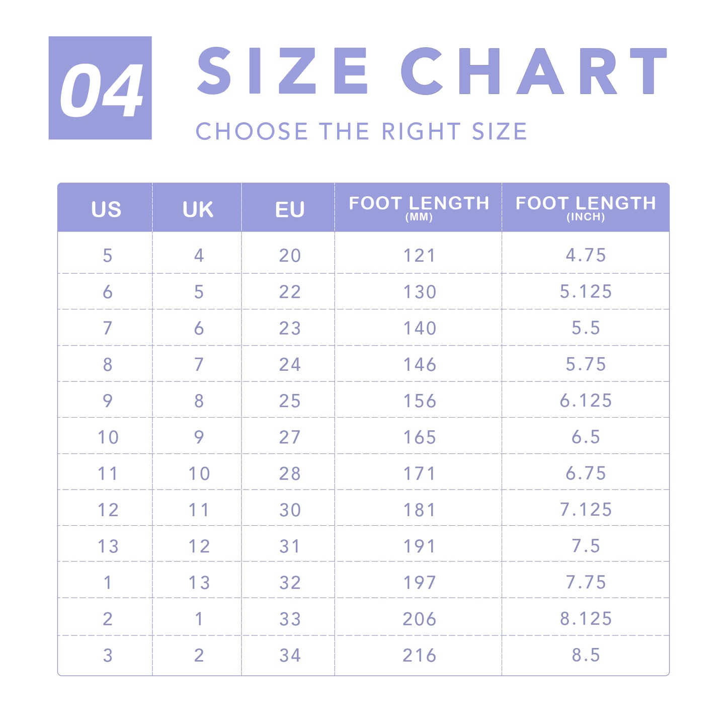 size chart for shoes with us, uk, eu, foot length (mm), and foot length (inch) measurements.