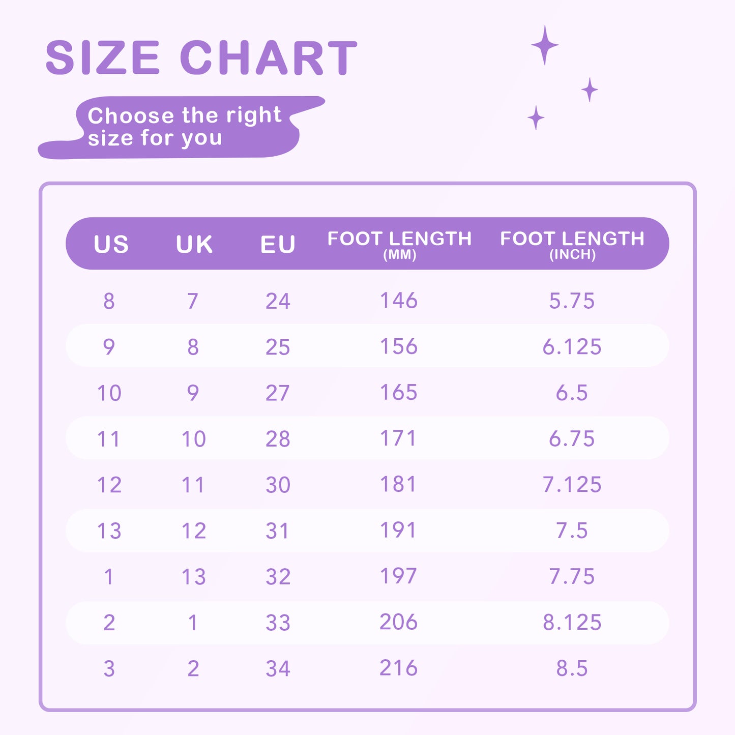 size chart for shoes with us, uk, and eu measurements on a purple background