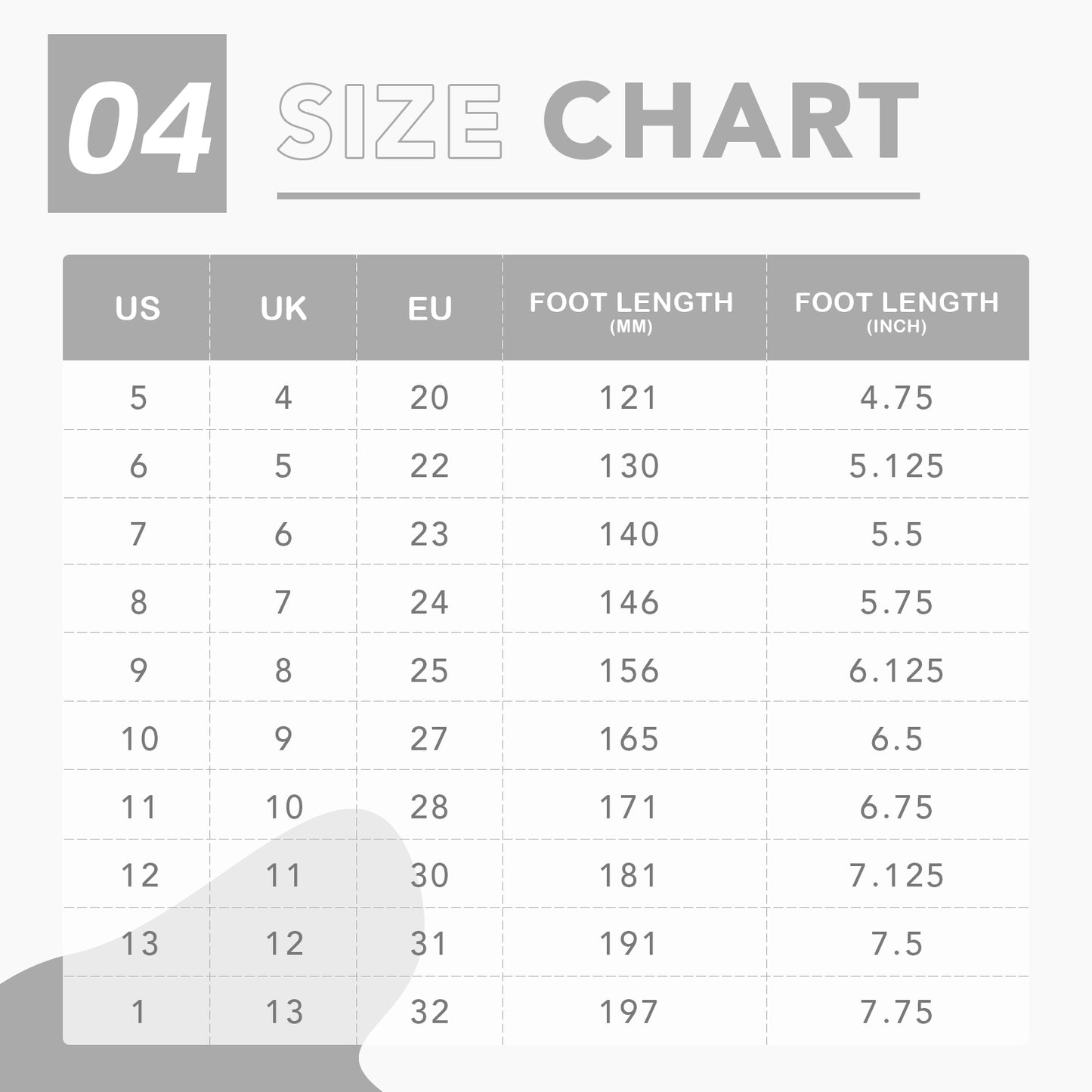 size chart for shoes with us, uk, eu, foot length (mm), and foot length (inch) measurements.