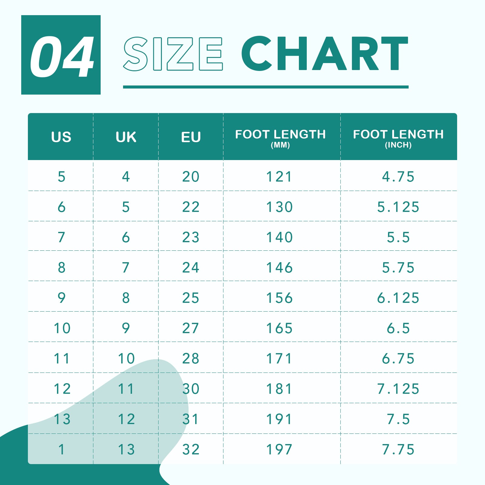 Size chart for shoes with US, UK, EU, foot length (mm), and foot length (inch) measurements.