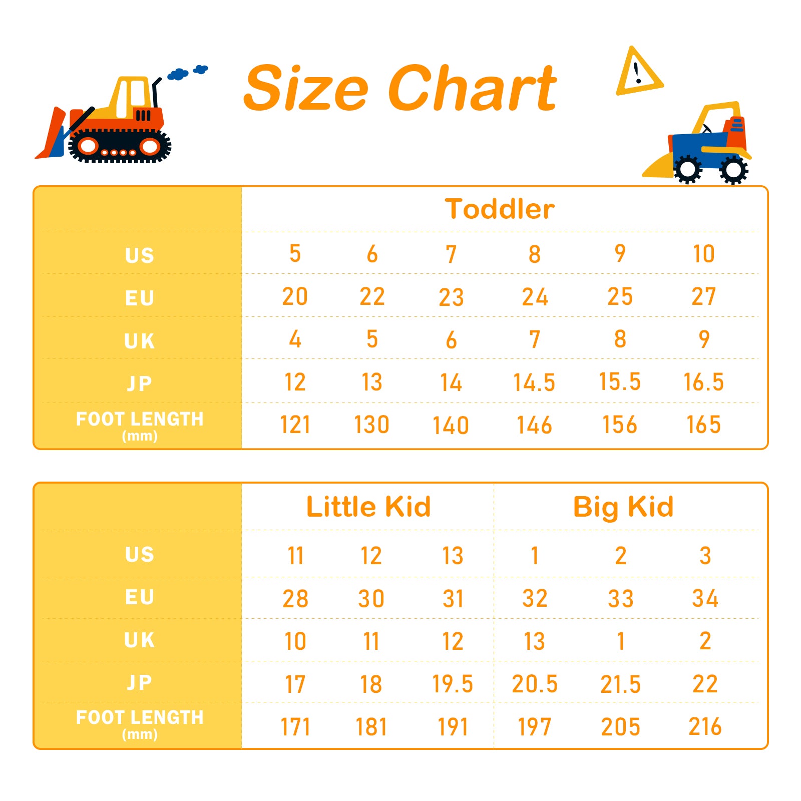 Size chart for toddlers, little kids, and big kids with construction vehicle graphics.