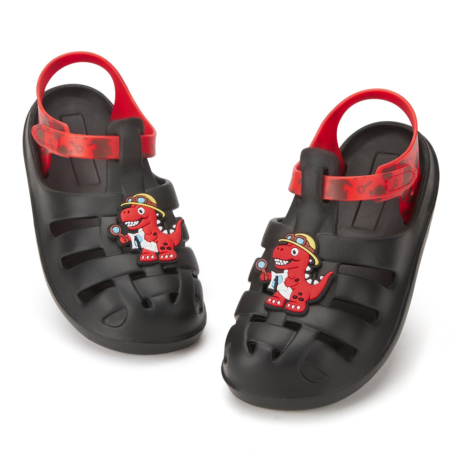 Kids Black Archaeologist Dinosaur Roman Sandals - Fossil Print Gladiator Beach Shoes - FUNCOO