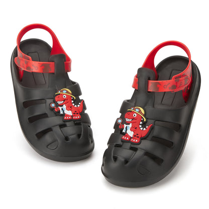 Kids Black Archaeologist Dinosaur Roman Sandals - Fossil Print Gladiator Beach Shoes - FUNCOO