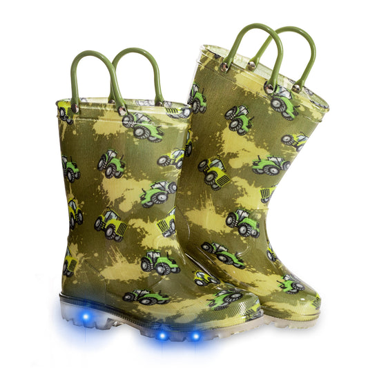 Camouflage Tractor Light Up Waterproof Rain Boots with Handles