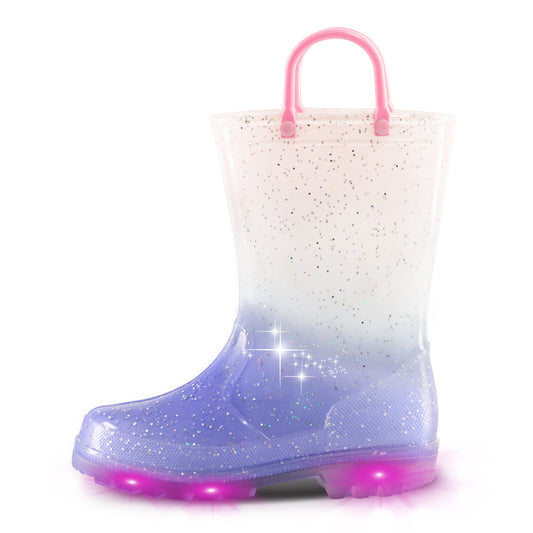 Glitter Purple Gradient Light Up Waterproof Rain Boots Girls with Handles