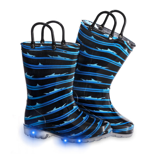 Blue Black Shark Light Up Waterproof Rain Boots with Handles