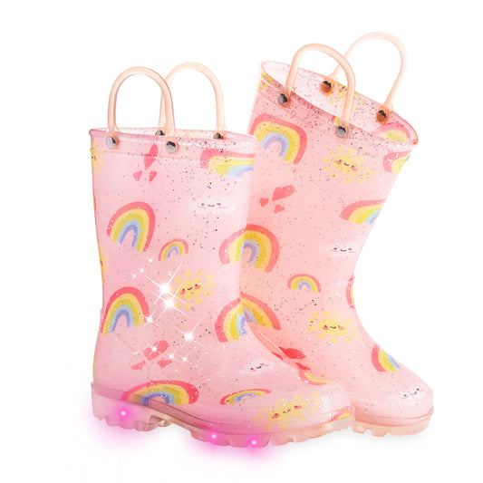 Pink Rainbow Light Up Waterproof Rain Boots with Handles