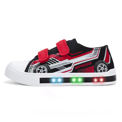 EUXTERPA Girls Boys Light Up Sneakers Dual Straps Kids Sneakers Black and Red Speed Racing Car
