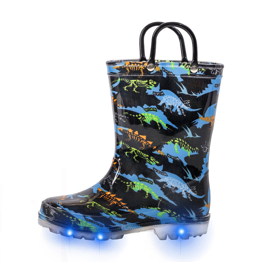 Black Blue Dinosaur Light Up Waterproof Rain Boots with Handles