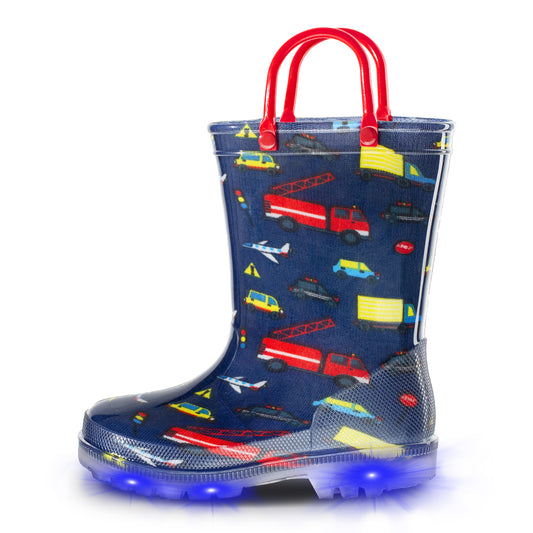 Red Blue Car Truck Light Up Waterproof Rain Boots with Handles