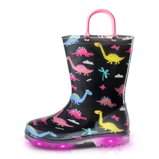 Black Dinosaur Light Up Waterproof Rain Boots with Pink Handles