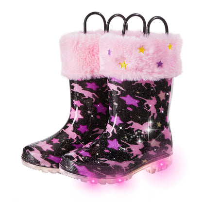 Light Up Warm Kids Rain Boots Unicorns and stars on a black background