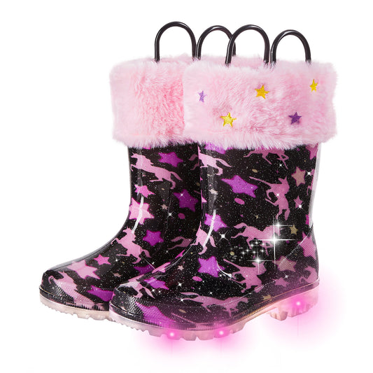 Light Up Warm Kids Rain Boots Unicorns and stars on a black background (Copy) - FUNCOO