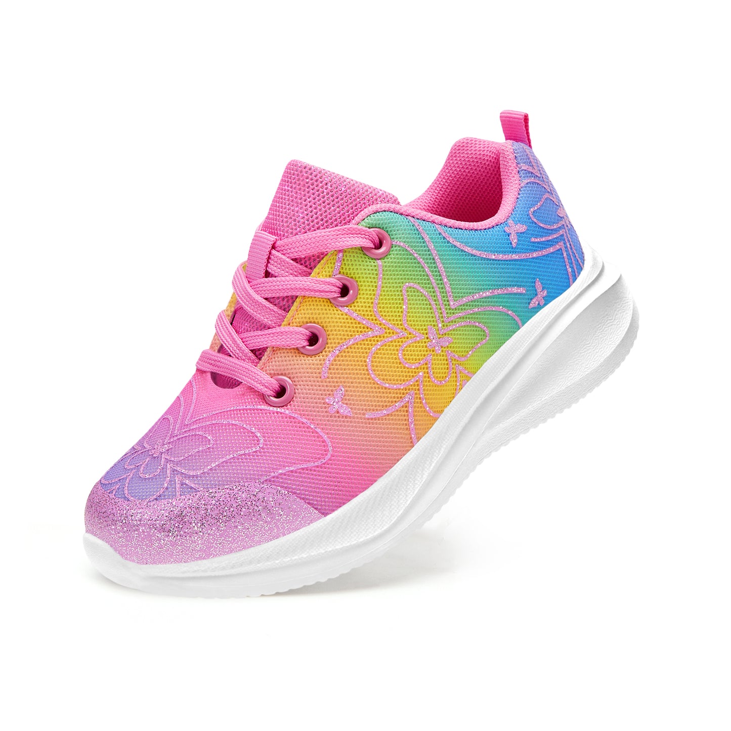 girls sneakers kids lightweight running shoes butterfly with a gradient of purple, pink, yellow, and green.