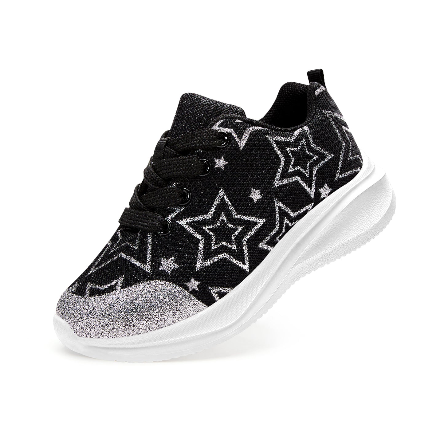 girls sneakers kids lightweight running shoes black-silver star