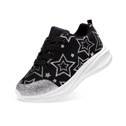 Girls Sneakers Kids Lightweight Running Shoes Black-Silver Star