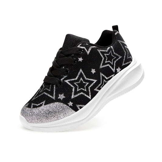 Girls Sneakers Kids Lightweight Running Shoes Black-Silver Star