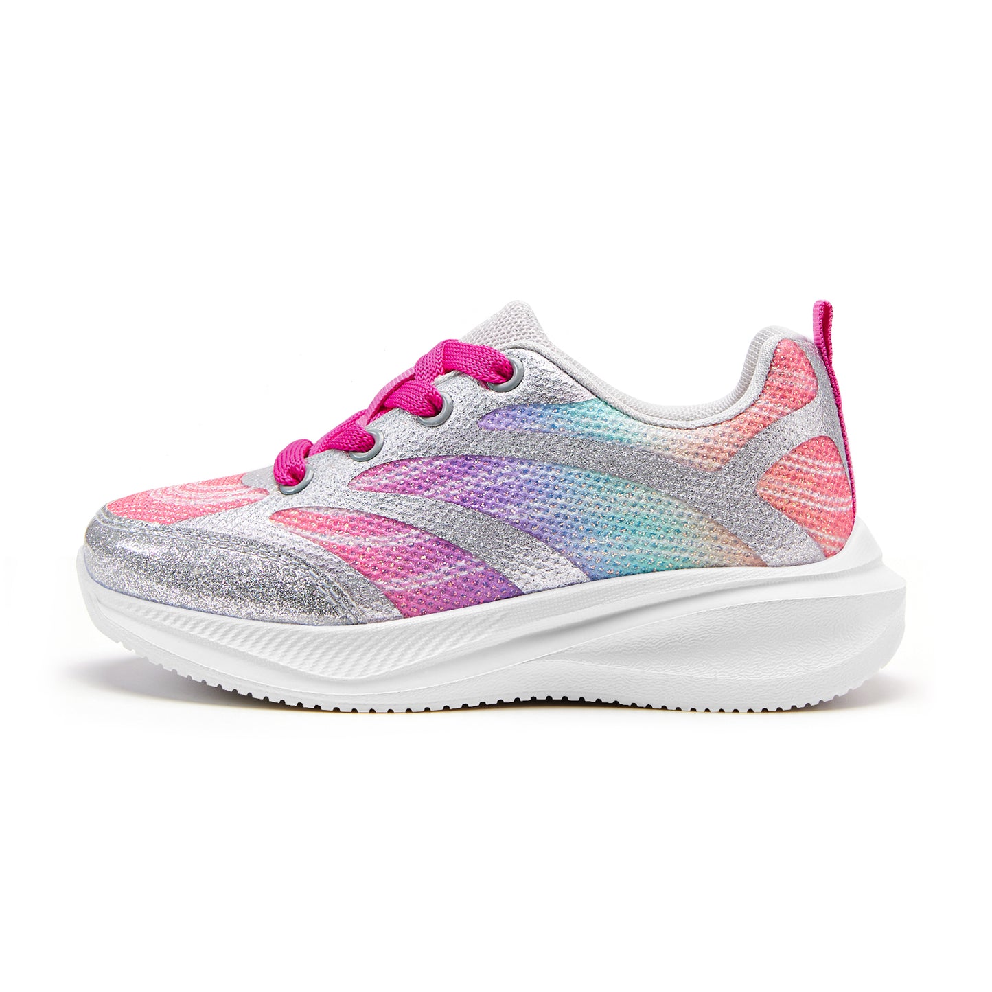 girls sneakers kids lightweight running shoes silver-gray lines with a purple-to-green gradient