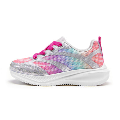 Girls Sneakers Kids Lightweight Running Shoes Silver-gray lines with a purple-to-green gradient
