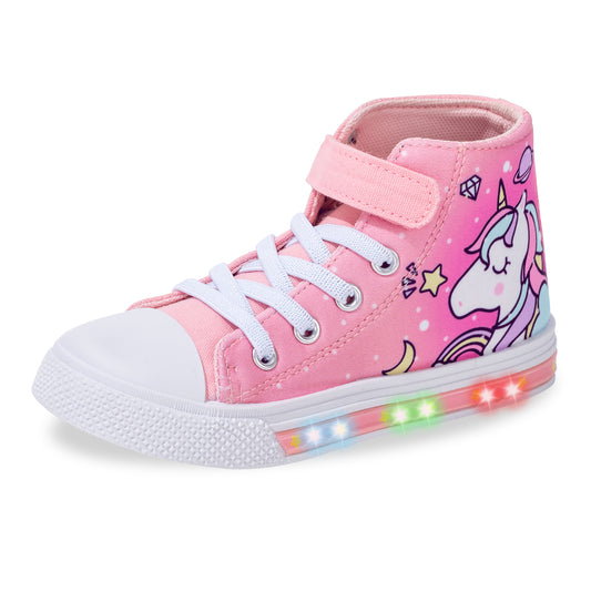 Velcro Pink Unicorn Light Up High Top Canvas Sneakers
