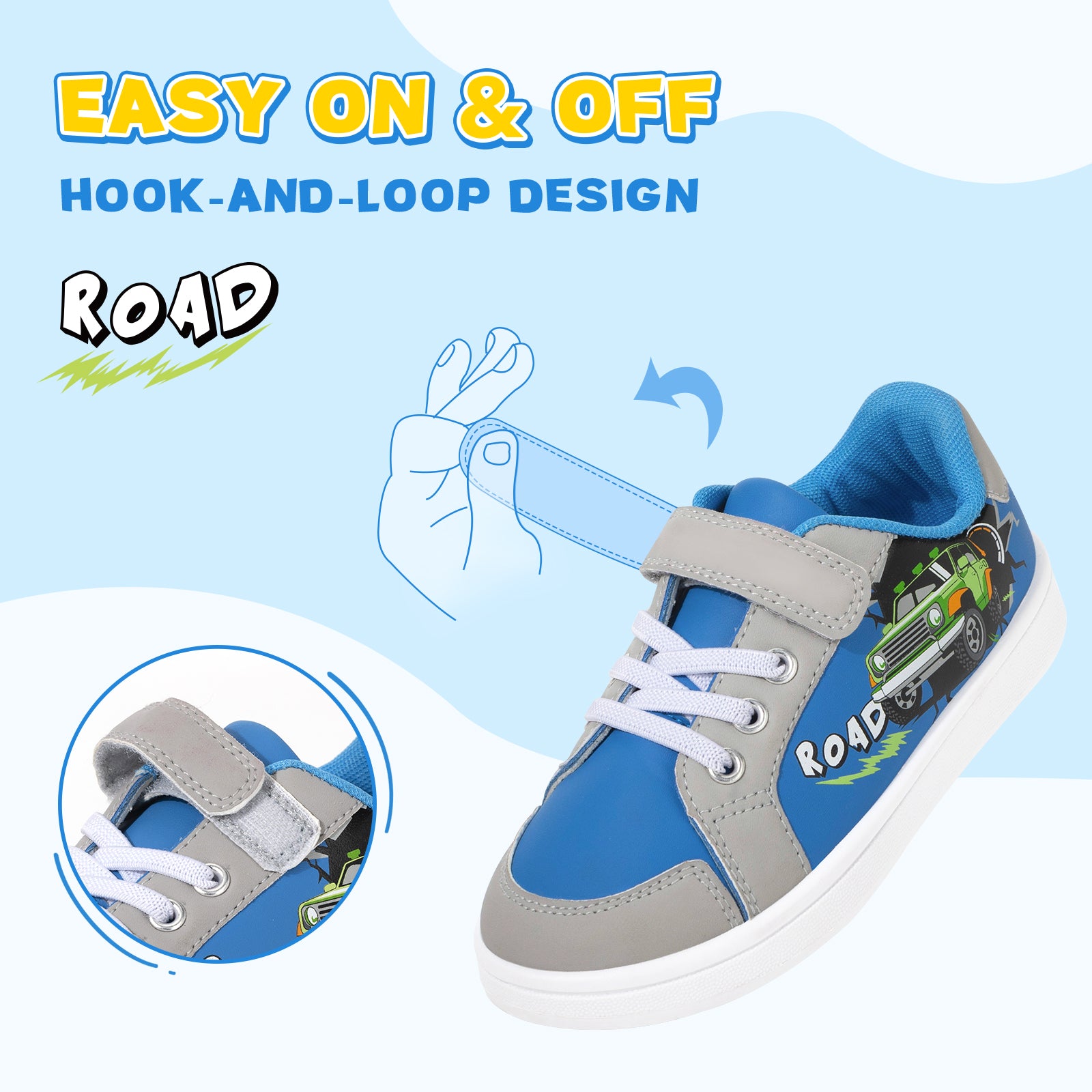 Children's blue and gray sneakers with 'Road' design and easy-on/off hook-and-loop design on a light blue background.