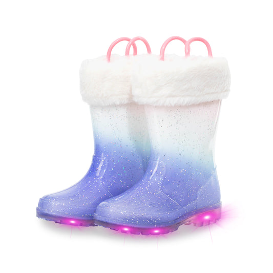 Kid Toddler Warm Rain Boots Light Up Purple Gradient Winter Boots with Handles