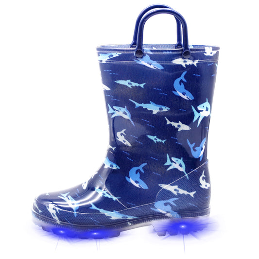 Blue Shark Light Up Waterproof Rain Boots with Easy on Handles