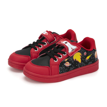 Red and black children's sneakers with space-themed design on a white background