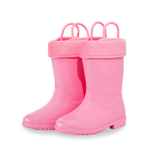 Kid Toddler Warm Rain Boots Solid Pink Winter Boots Fur Lined Shoes with Handles