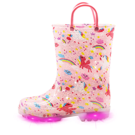 Glitter Pink Unicorn Rainbow Light Up Rain Boots with Handles