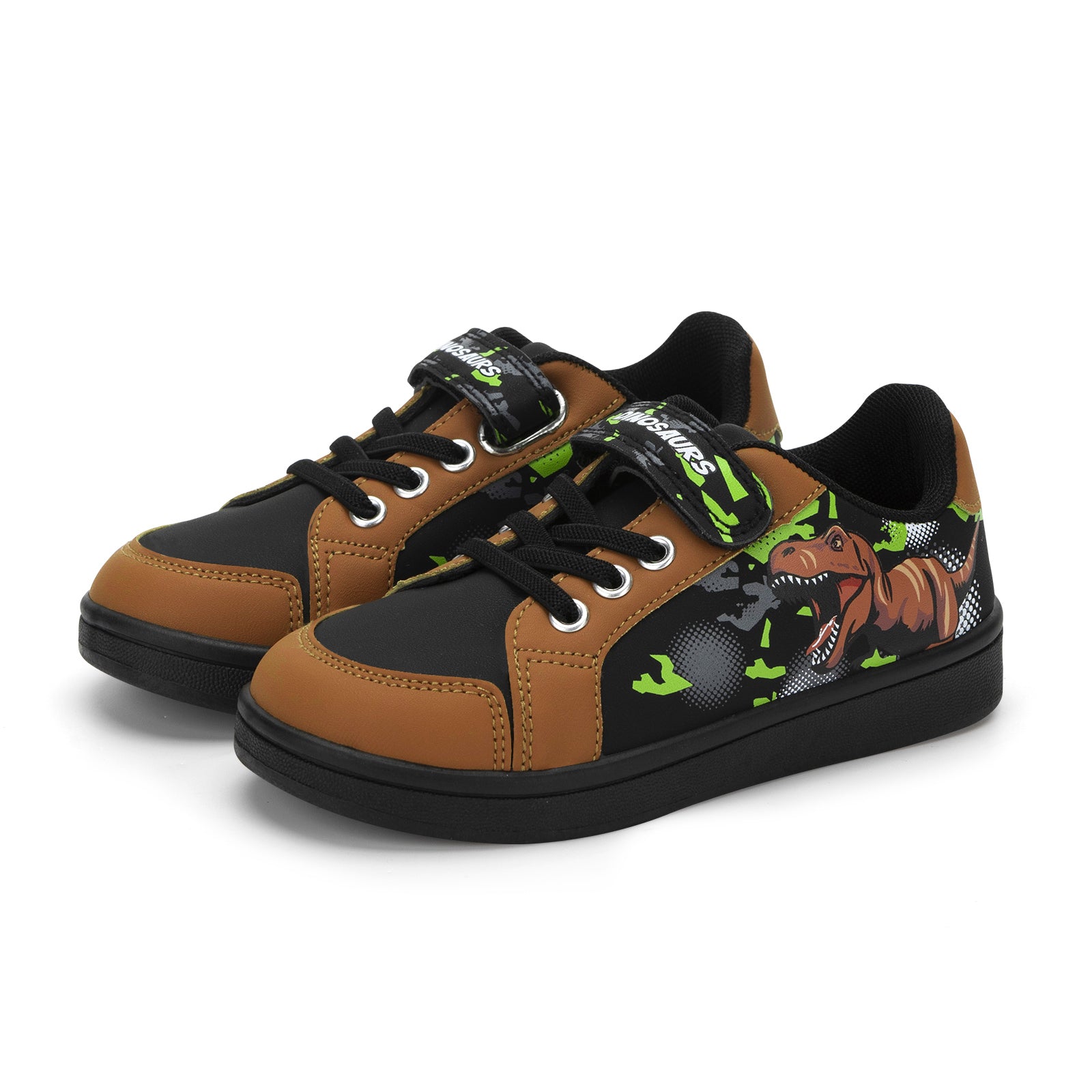 Children's sneakers with dinosaur design on a white background