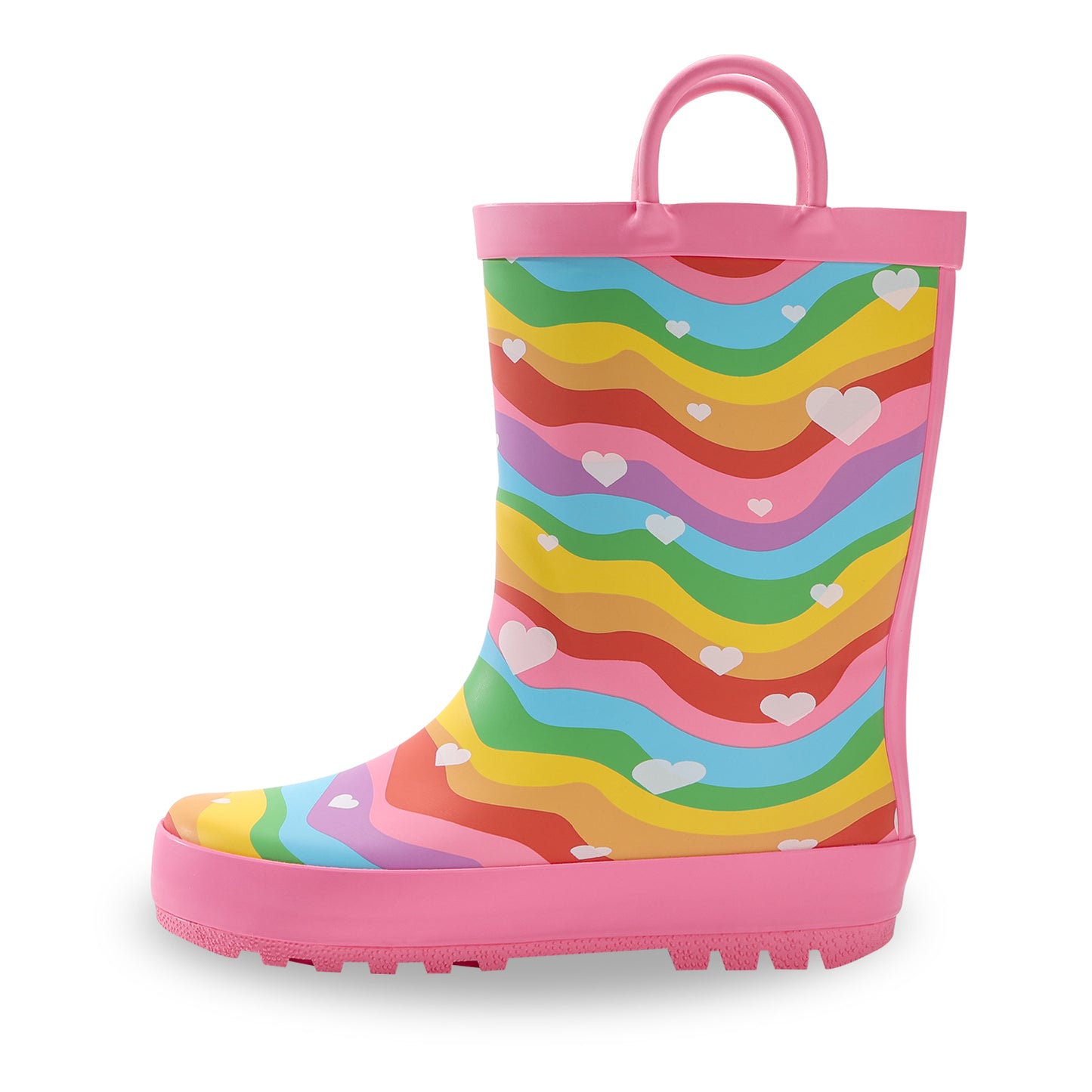 colorful rain boot with pink handle on a white background