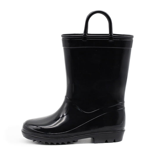 Toddler Kids Rain Boots for Girls Boys Waterproof Solid Black Rain Shoes with Handles