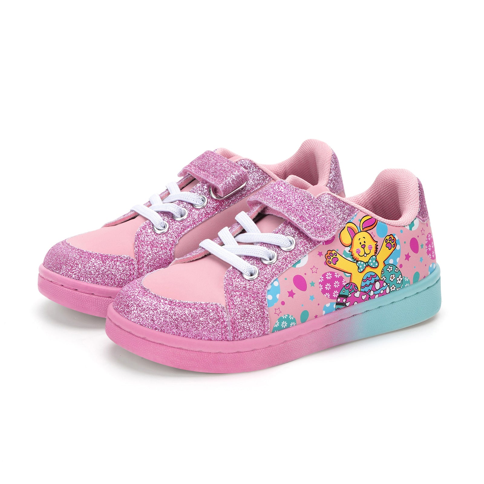 Pink glittery children's sneakers with a cartoon character on a white background