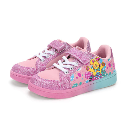 Pink glittery children's sneakers with a cartoon character on a white background