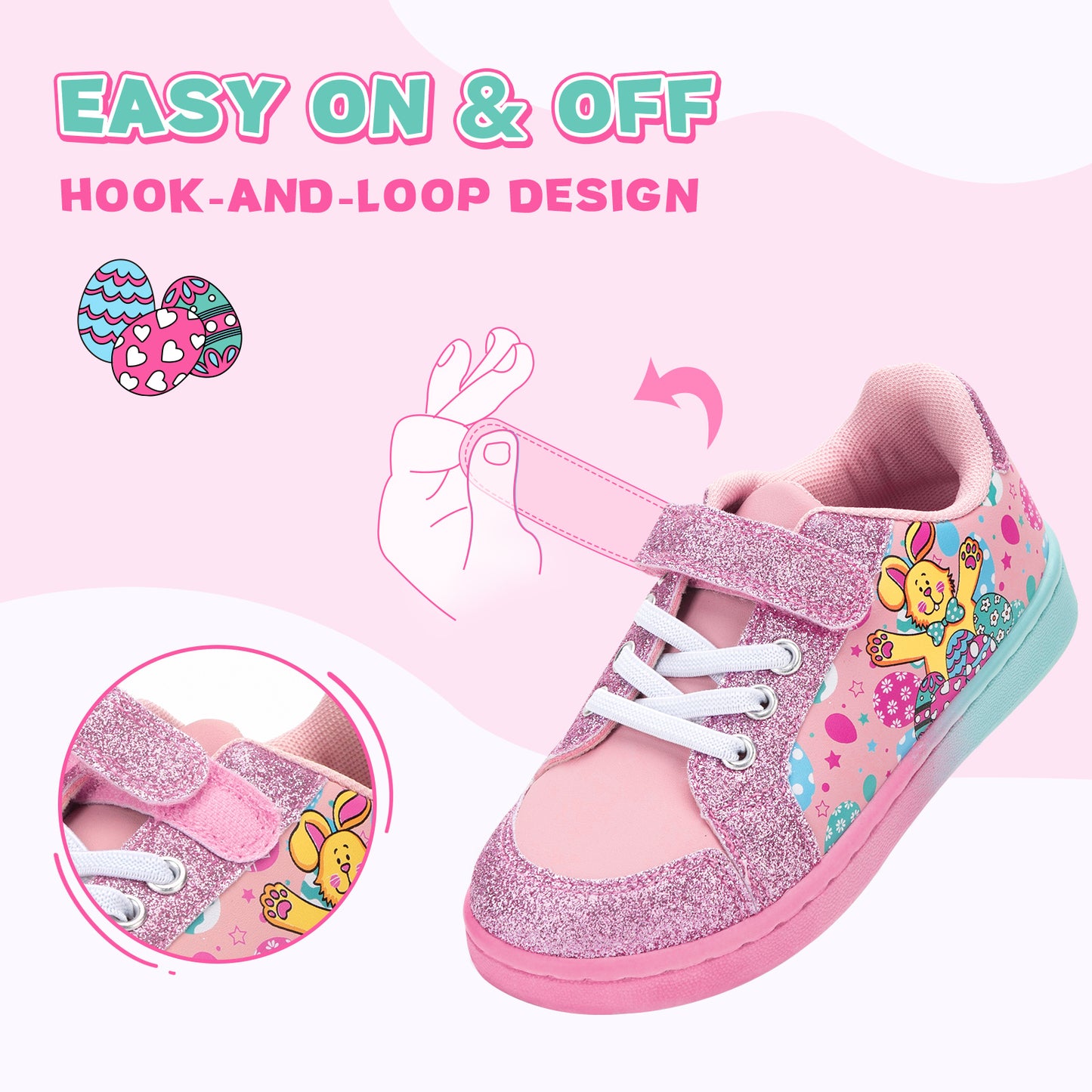 pink children's shoe with cartoon design and easy-on/off feature on a pink background