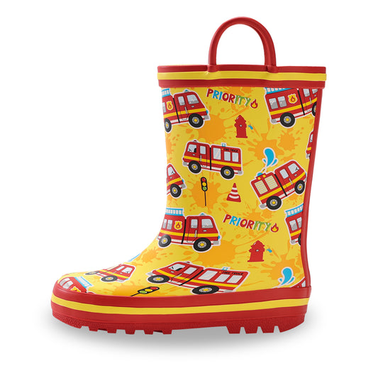 Children's rain boot with fire truck pattern on a white background