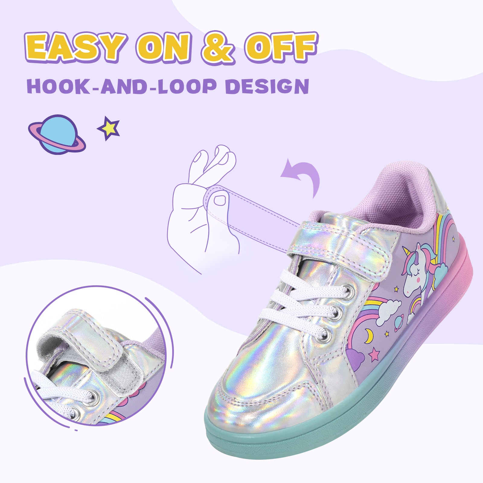 Holographic sneaker with unicorn design and easy-on/off hook-and-loop strap on a light purple background.