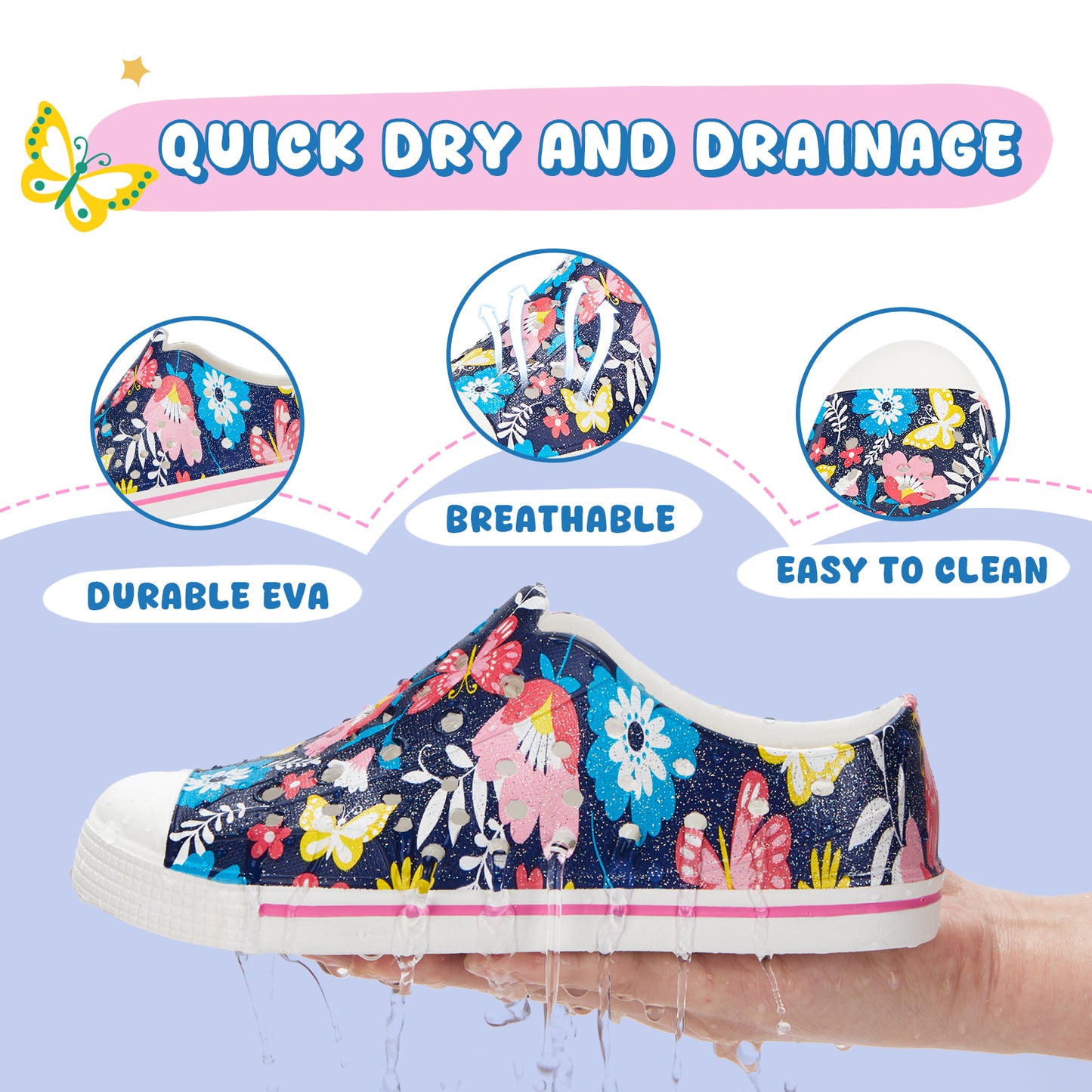 kids navy blue butterfly flower summer sandals - large floral butterfly beach shoes - funcoo