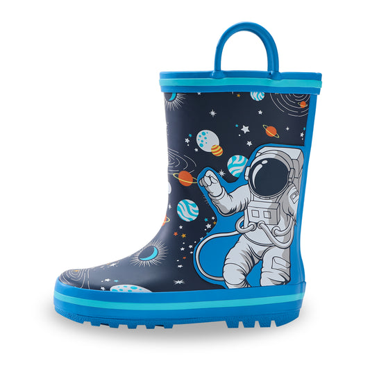 Children's rain boot with astronaut design on a white background